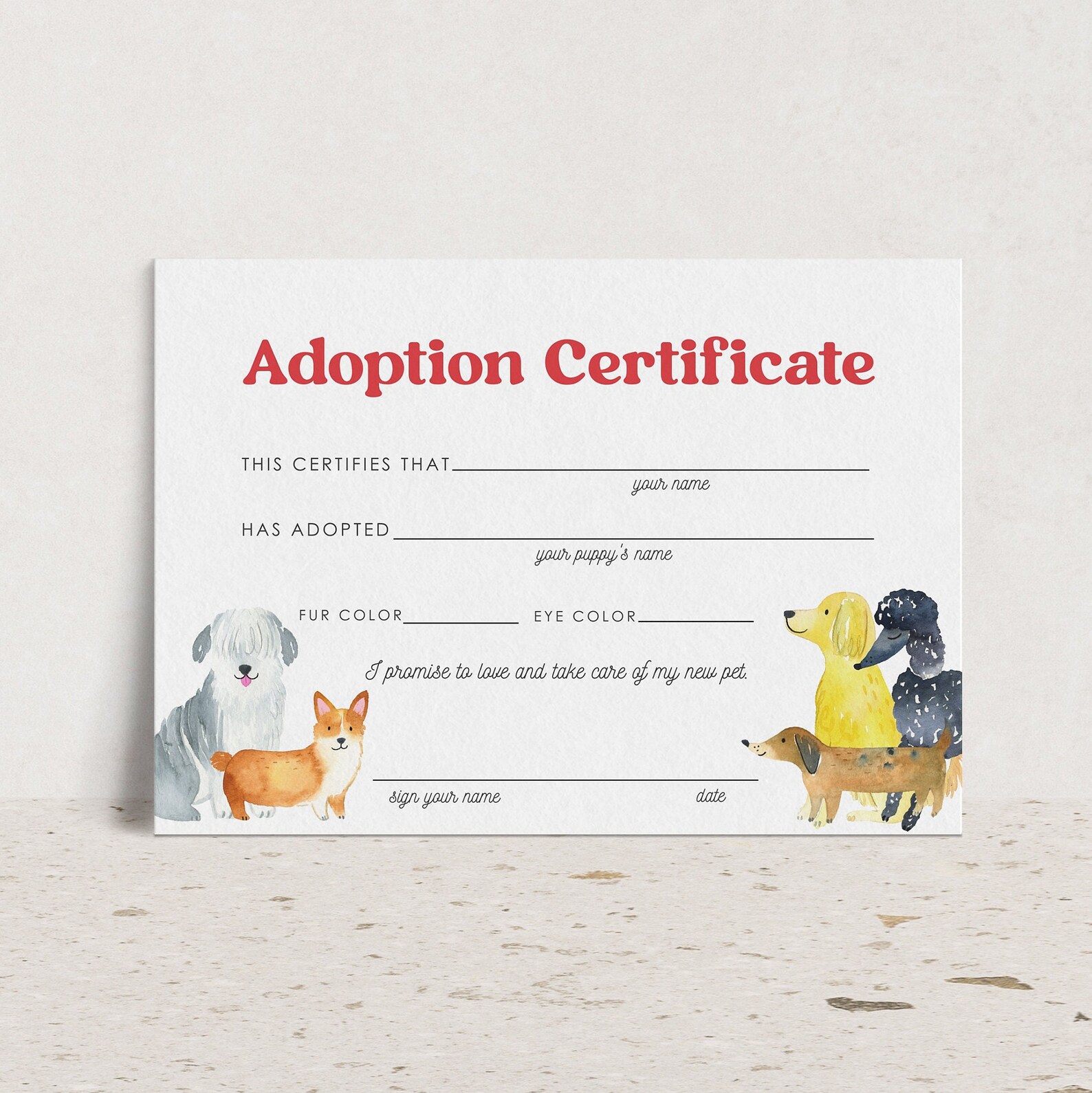 Puppy Adoption Certificate Instant Download, Adopt a Puppy Card Digital ...