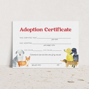 Puppy Adoption Certificate Instant Download, Adopt a Puppy Card Digital Download Dog Theme Let&#39;s Pawty Birthday 136
