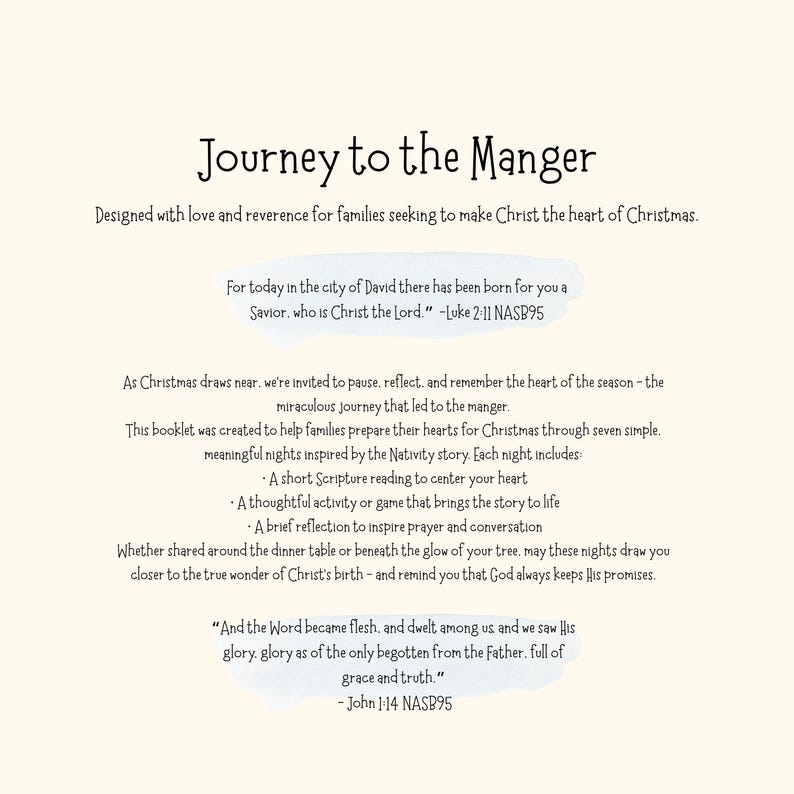 Może przedstawiać: Kremowa broszura zatytułowana "Journey to the Manger" z tekstem o historii Bożego Narodzenia. Broszura zawiera cytaty z Ew. Łukasza 2:11 i Ew. Jana 1:14 i jest przeznaczona dla rodzin obchodzących Boże Narodzenie.