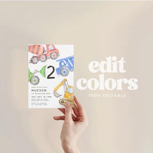 May include: A birthday invitation featuring watercolor illustrations of construction vehicles in red, blue, green, and yellow. The invitation includes the text "Hudson is turning two" and event details.