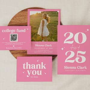 Pinkes Abschlusseinladungs-Set, Abschlussanzeige, Abschlussfeiervorlage, College-Fondskarte, Abschlussfeier Danke Canva
