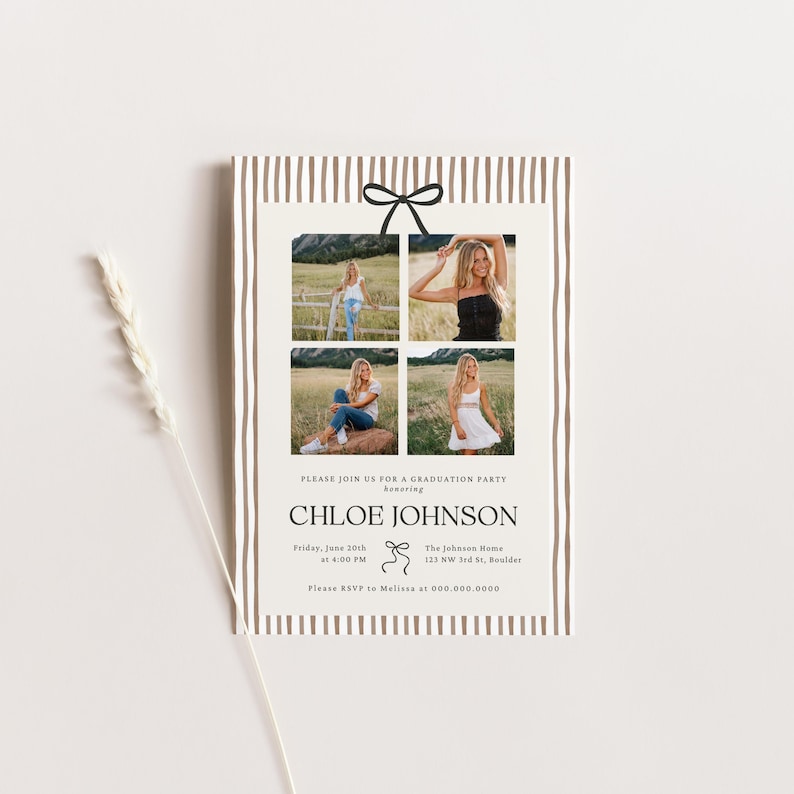 Pode incluir: Convite para uma festa de formatura com quatro fotos de uma mulher. O convite tem um fundo creme com listras verticais marrons e um la&ccedil;o preto. O texto diz "CHLOE JOHNSON" e inclui os detalhes da festa.