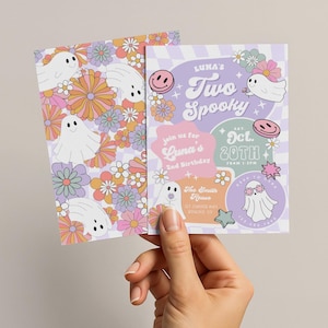 Two Spooky Birthday Invitation, Girl 2nd Birthday Invite Editable Canva Template Retro Daisy Ghost Halloween Birthday Invite Printable, Luna