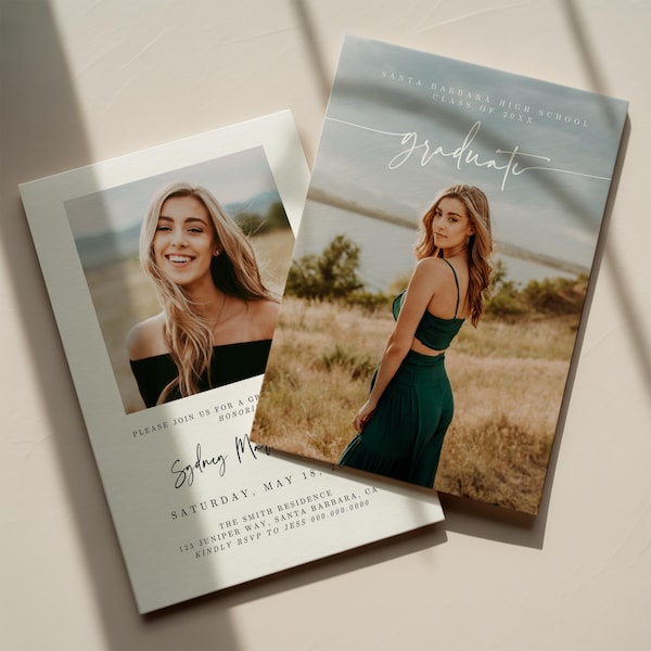 Modelo de convite de formatura moderno, anúncio de formatura com foto editável, convite neutro para festa de formatura no Canva, convite de formatura para qualquer ano (707)