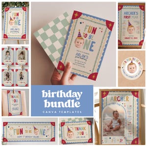 Paquete de cumpleaños "Divertido para cumplir un año", conjunto de plantillas de Canva para el primer cumpleaños, invitación de fiesta para niño con un toque original, cartel de bienvenida, póster de hito (336)