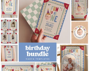 May include: A birthday bundle of Canva templates featuring a Fun to Be One theme with colorful star accents, scalloped borders, and checkerboard patterns. The set includes invitations, milestone posters, thank you cards, and banners for a first birthday.