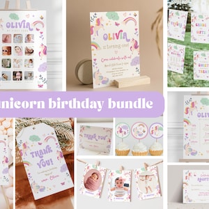 Puede incluir: Un paquete de imprimibles para una fiesta de cumplea&ntilde;os de unicornio en colores rosa, morado y blanco. El paquete incluye un cartel de bienvenida, una etiqueta de agradecimiento, una tarjeta de fotos, un adorno para cupcake, una invitaci&oacute;n y una tabla de hitos. El texto de la invitaci&oacute;n dice "&iexcl;Olivia cumple un a&ntilde;o!"