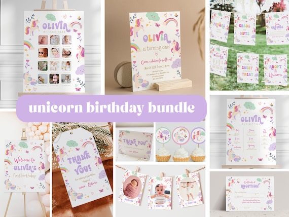 Editable Unicorn Birthday Invitation Bundle Magical Party Invite Girl Pink Pastel First Unicorn Party Template Rainbow Canva Download