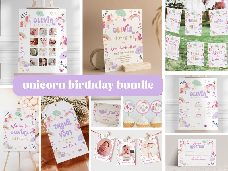 Puede incluir: Un paquete de imprimibles para una fiesta de cumplea&ntilde;os de unicornio en colores rosa, morado y blanco. El paquete incluye un cartel de bienvenida, una etiqueta de agradecimiento, una tarjeta de fotos, un adorno para cupcake, una invitaci&oacute;n y una tabla de hitos. El texto de la invitaci&oacute;n dice "&iexcl;Olivia cumple un a&ntilde;o!"