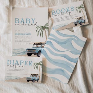 Bearbeitbares Baby an Bord-Babyparty-Set, Strand-Babyparty-Einladung, Surf-Babyparty-Einladung, Bücher für Baby-Windel-Verlosungskartenvorlagen