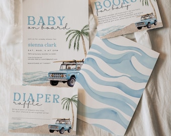 May include: Baby shower invitation set with a beach theme. The invitation features a light blue vintage SUV with a surfboard, palm trees, and the text "Baby on Board". Includes a diaper raffle card and a "Books for Baby" card.