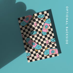 May include: A checkered pattern with blue and pink skateboards, smiley faces, and lightning bolts.  The background is a light blue color.