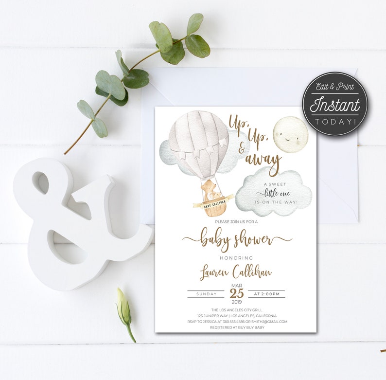 Editable Baby Shower invitation, Gender Neutral Baby Shower Invitation, Bear Baby Shower Hot Air Balloon, Up Up and Away, template 28 image 3