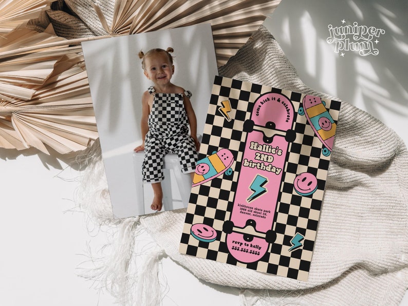 May include: A birthday party invitation with a checkered background and a pink skateboard with the text "Come kick it & celebrate Hallie's 2nd birthday".