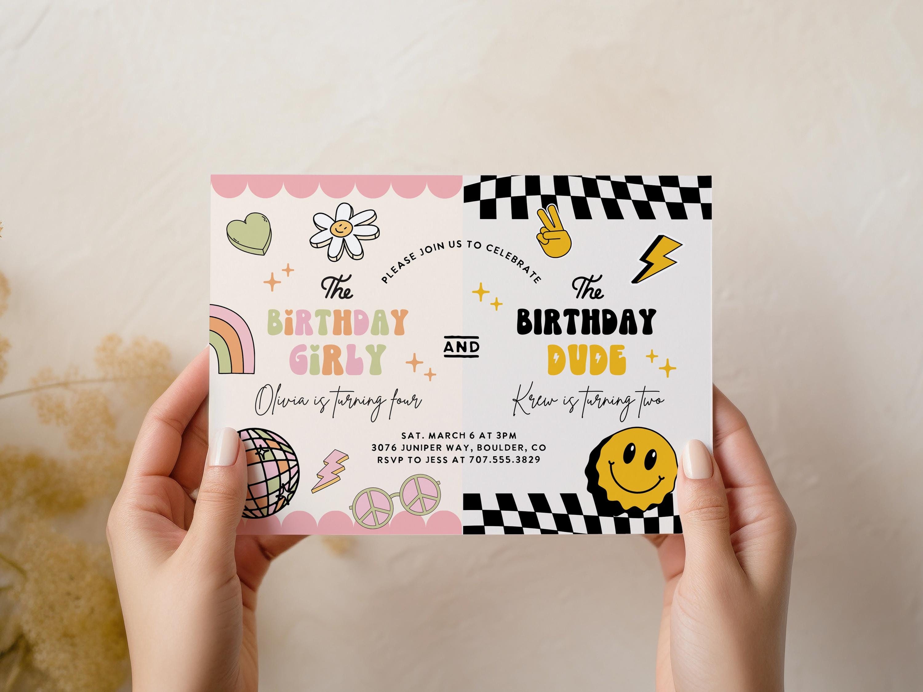 Boy Girl Birthday Invitation, Sibling Birthday Invite, Joint Birthday Party, Double Birthday Invite, Retro Groovy Smile Checker 200