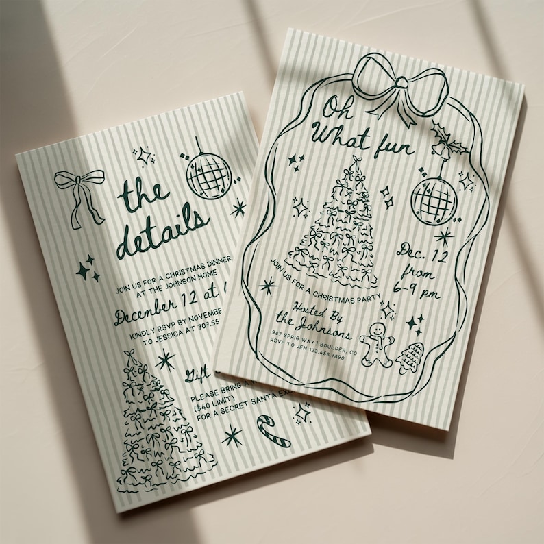 May include: Two Christmas party invitations with green line art on a striped background. The invitations feature text, a Christmas tree, disco balls, and the words "Oh What fun" and "the details".