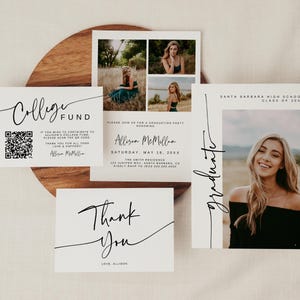 Älteres Ansage-Bundle, minimalistische Abschluss-Ankündigung, Abschluss-Party-Vorlage, College-Fonds QR, Abschluss Danke Canva