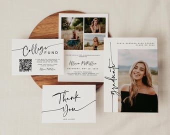 May include: A collection of graduation announcements and thank you cards. The cards feature a photo of a smiling person, the text "graduate", and the words "College Fund" with a QR code. The cards are on a wooden surface.