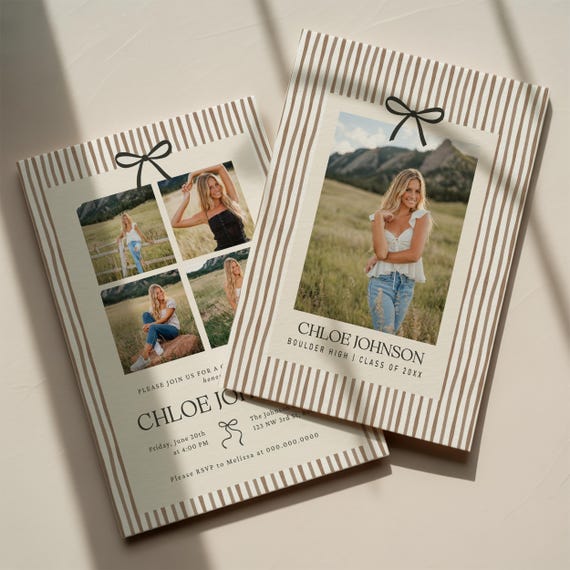 Neutral Striped Graduation Invitation Template | Preppy Bow Grad Announcement 2026 | Modern Photo Graduation Party Invite Canva Editable 101