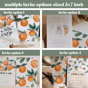 May include: Four different 5x7 inch printable baby shower invitation designs featuring a watercolor orange tree motif. The text on the invitations reads "a little cutie is on the way!" and includes the baby's name, date, and time of the shower.