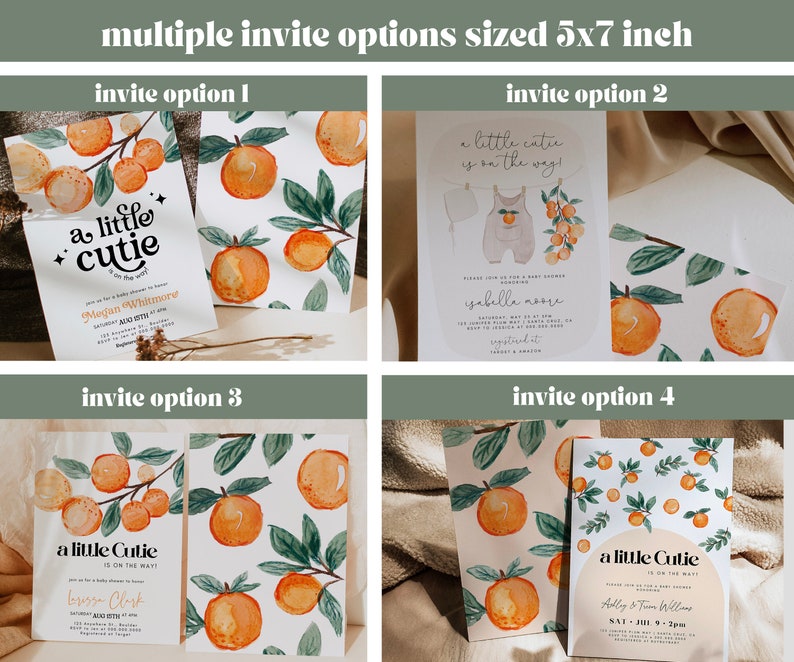 May include: Four different 5x7 inch printable baby shower invitation designs featuring a watercolor orange tree motif. The text on the invitations reads "a little cutie is on the way!" and includes the baby's name, date, and time of the shower.