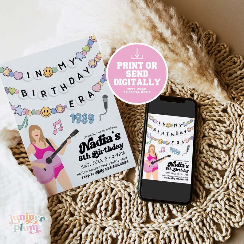 May include: A printable birthday party invitation featuring a cartoon illustration of a person playing a guitar with a colorful banner that reads "In My Birthday Era 1989". The invitation includes the text "Nadia's 8th Birthday" and details for the party, including the date, time, and location.