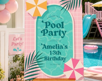 Vorlage für ein Willkommensschild für eine Poolparty im Retro-Stil in Pink, Schild für eine Poolgeburtstagsfeier, bearbeitbares Willkommensposter für einen Sommergeburtstag, Canva-Vorlage für jedes Alter (264)