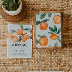 NORA A Little Cutie is on the Way Clementine Baby Shower Invitation, Citrus Baby, Sage Green Instant Download, Editable Template