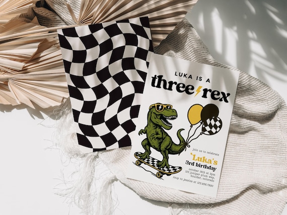 Three Rex Birthday Invitation Template, Skateboard Dinosaur Birthday Invite, Boy Third Birthday, 3rd Birthday, Retro Checker TRex Canva, 262