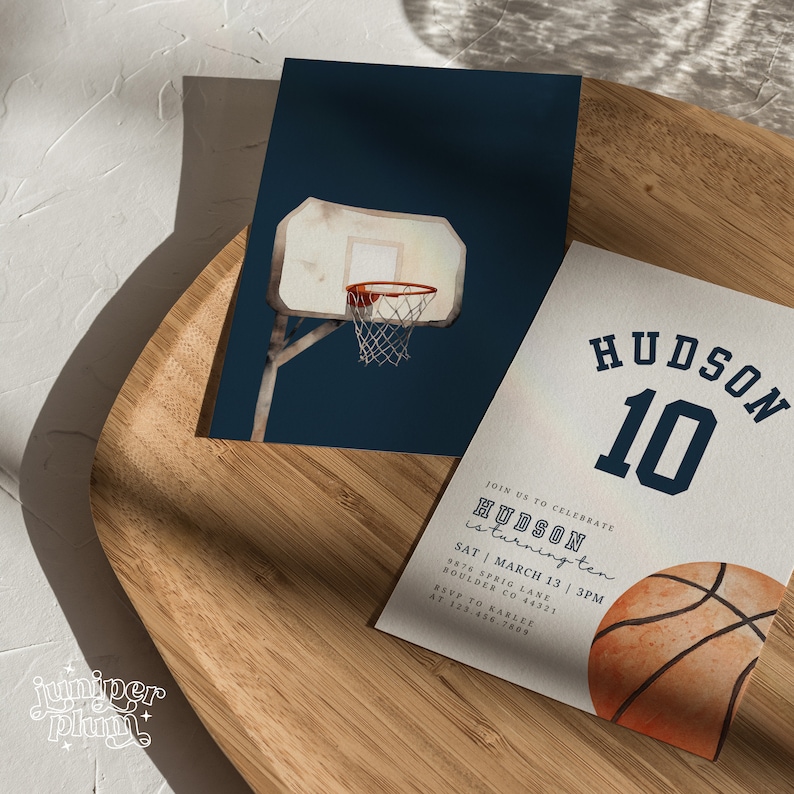 May include: A basketball-themed birthday invitation featuring a watercolour illustration of a basketball hoop and a basketball. The invitation is for Hudson's 10th birthday party. The text on the invitation reads "Join us to celebrate Hudson is turning ten. Sat | March 13 | 3PM. 9876 Sprig Lane, Boulder CO 44321. RSVP to Karlee at 123.456.7809."