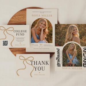 May include: Graduation announcement and thank you cards with a photo of a young woman in a blue dress. The cards are beige with gold accents and text that reads "College Fund", "Thank You", and "Sofia Miller". The year "2026" is also visible.