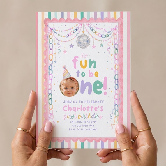 It’s Fun to Be One First Birthday Invitation, Whimsical Garland Girl 1st Birthday Invite, Watercolor Pastel Canva Template