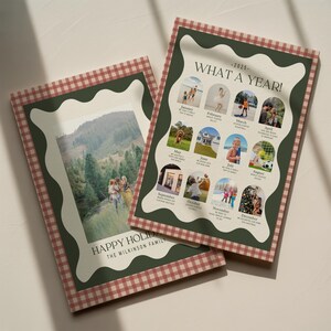 May include: Two personalized photo prints with a red and white checkered border. One print features a family photo with the text "HAPPY HOLIDAY THE WILKINSON FAMILY". The other print is a yearly calendar with photos for each month and the text "WHAT A YEAR! -2025-".
