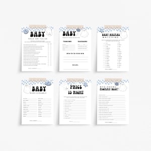 May include: Six baby shower game printables with a blue and white checkered background. Each game has a title like "True or False" and "Price is Right", with a ghost and smiley face graphic. The games are attached with tape.