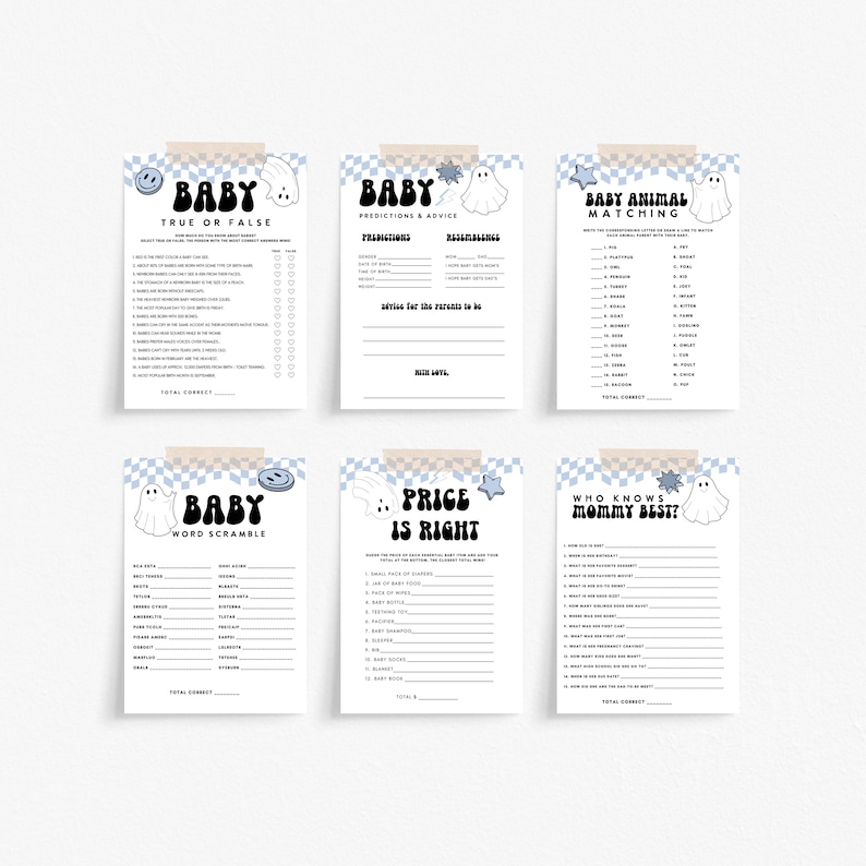 May include: Six baby shower game printables with a blue and white checkered background. Each game has a title like "True or False" and "Price is Right", with a ghost and smiley face graphic. The games are attached with tape.