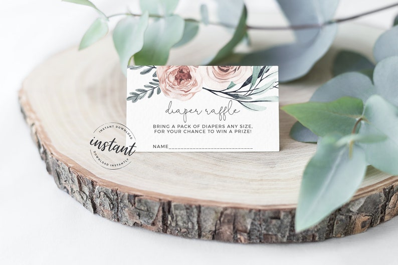 Floral baby shower baby shower game card Diaper Raffle baby shower addon card Boho Rose Floral Diaper Raffle card AD-50 diaper ticket