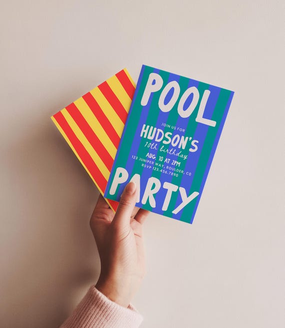 Pool Party Birthday Invitation, Colorful Stripe Pool Party Invite, Editable Canva Template, Summer Swim Party Any Age Invite 326