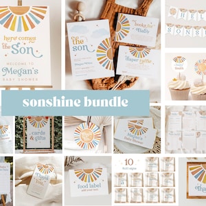 Pode incluir: Um pacote de imprimíveis para chá de bebê com tema de sol. O pacote inclui convites, cartões de agradecimento, etiquetas para alimentos, um cartão de rifa de fraldas, uma placa de boas-vindas, toppers para cupcakes e uma faixa que diz "Hello Sunshine".