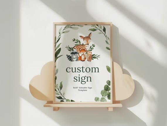 WOODLAND ANIMAL Baby Shower Editable Sign, custom sign, baby shower sign, Woodland Animals Baby Shower, Greenery Editable Printable sign 70