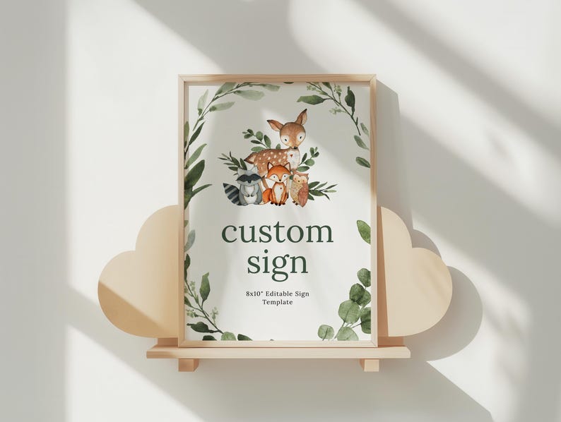 WOODLAND ANIMAL Baby Shower Editable Sign, custom sign, baby shower sign, Woodland Animals Baby Shower, Greenery Editable Printable sign 70 image 1