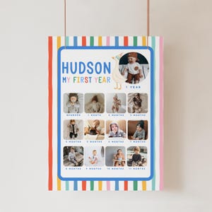 May include: A personalized baby milestone poster with the name "HUDSON" in blue and green text. The poster features a photo grid for each month of the baby's first year, with a whimsical goose illustration.