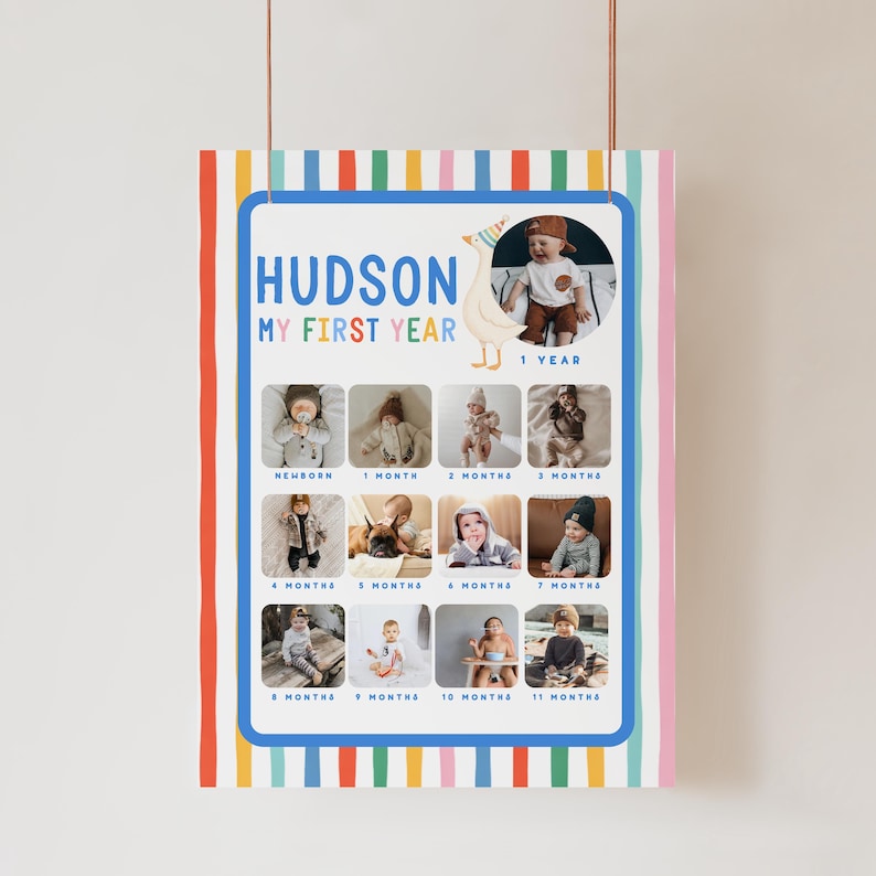 May include: A personalized baby milestone poster with the name "HUDSON" in blue and green text. The poster features a photo grid for each month of the baby's first year, with a whimsical goose illustration.