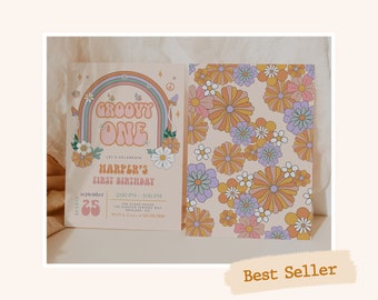 Szablon zaproszenia urodzinowego Groovy One, zaproszenie urodzinowe dla dziewczyny, zaproszenie urodzinowe w stylu hippie rainbow retro, do wydrukowania, edytowalne, natychmiastowe pobranie 186