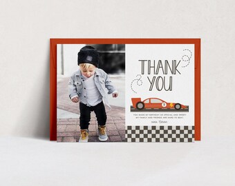 Race Car Photo Thank You Card, Editable Template Race Car First Birthday, Racing Car Birthday, Red Car Boy Birthday Instant Download, 7135