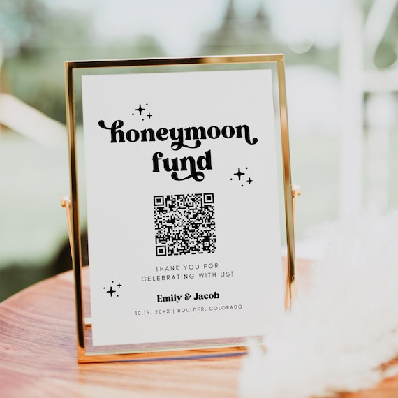 Honeymoon Fund QR Code Sign, Retro Wedding Honeymoon Fund Sign, Venmo QR Code Modern Wedding Sign, Modern Wedding, Editable Canva Template