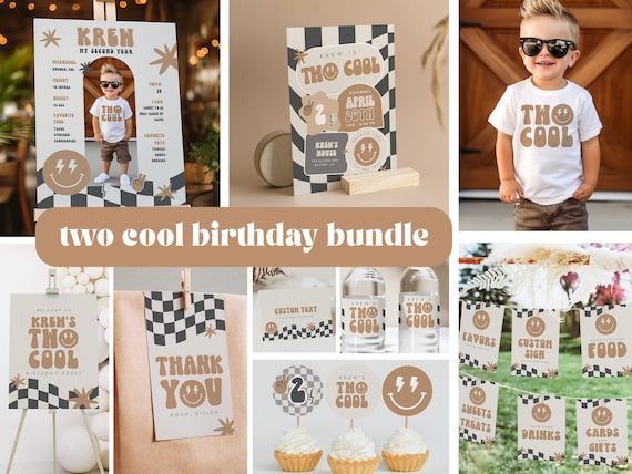 Two Cool Boy Birthday Invitation Boy 2nd Birthday Smile Face Retro Birthday Editable Digital Template INSTANT DOWNLOAD 58