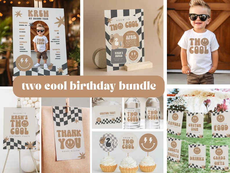 Two Cool Boy Birthday Invitation Boy 2nd Birthday Smile Face Retro Birthday Editable Digital Template INSTANT DOWNLOAD 58 image 1