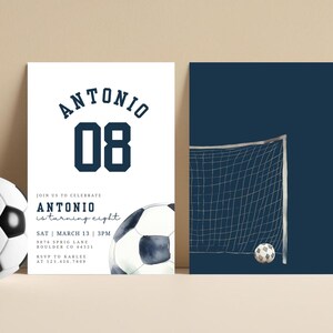 May include: A blue and white soccer-themed invitation for an 8th birthday party. The invitation features a soccer ball and a soccer goal. The text on the invitation reads "Antonio is turning eight".