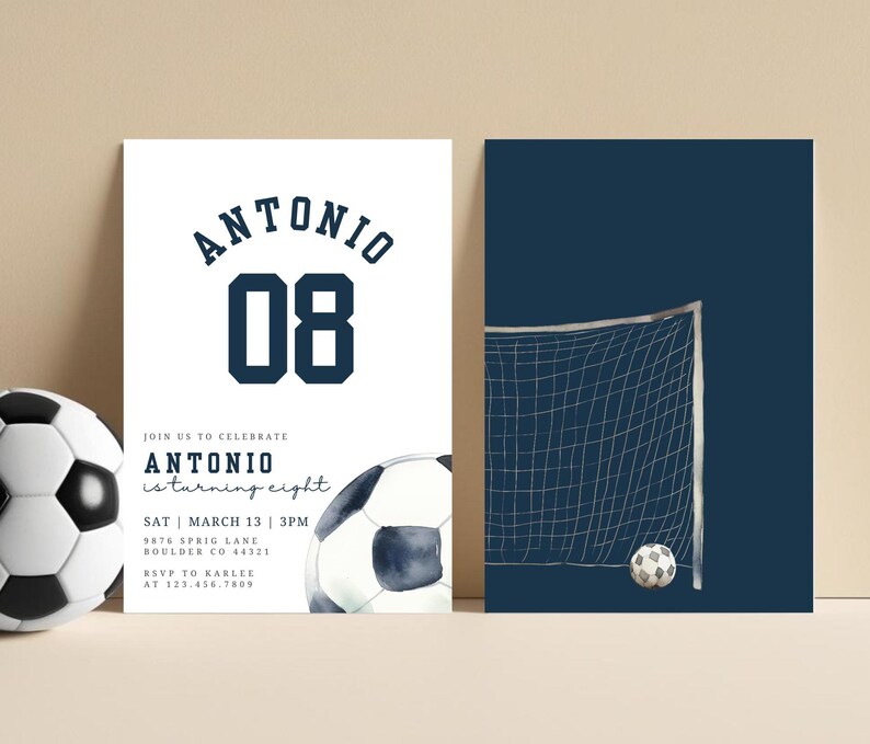May include: A blue and white soccer-themed invitation for an 8th birthday party. The invitation features a soccer ball and a soccer goal. The text on the invitation reads "Antonio is turning eight".