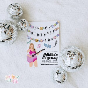 May include: A colorful birthday party invitation with a cartoon illustration of a woman playing a guitar. The invitation reads "In My Birthday Era 1989" and includes the text "Nadia's 8th Birthday" with details for the party.